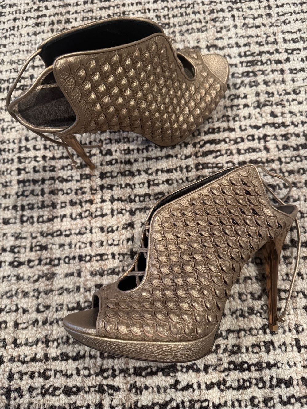 Salvatore Ferragamo Metallic Bronze Peep-Toe Lace-Up Heels
